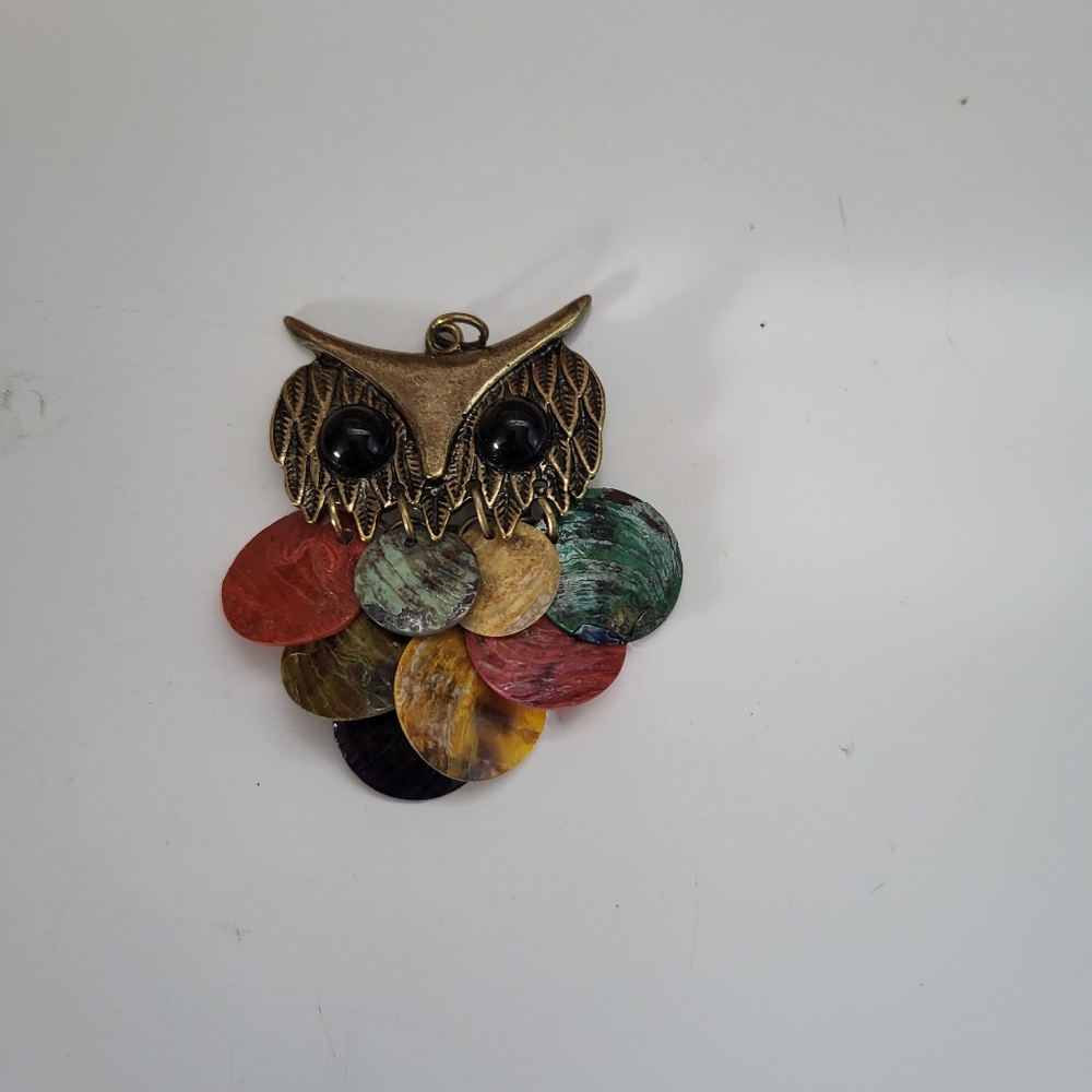 Vintage Owl Pendant Bronze Enamel Jewelry Colorful